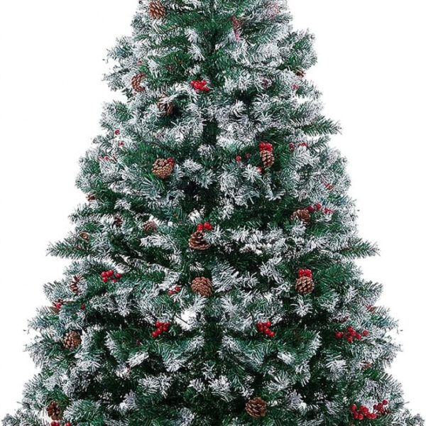 Brad artificial de Craciun cu efect de zapada conuri si suport Asinse, alb, PVC/metal, 180 cm